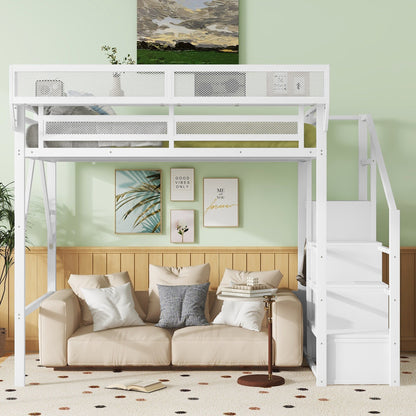 Full Size Loft Bed with Stairs and Storage Shelves, white metal frame, mesh panels on Tampa Home & Garden Store