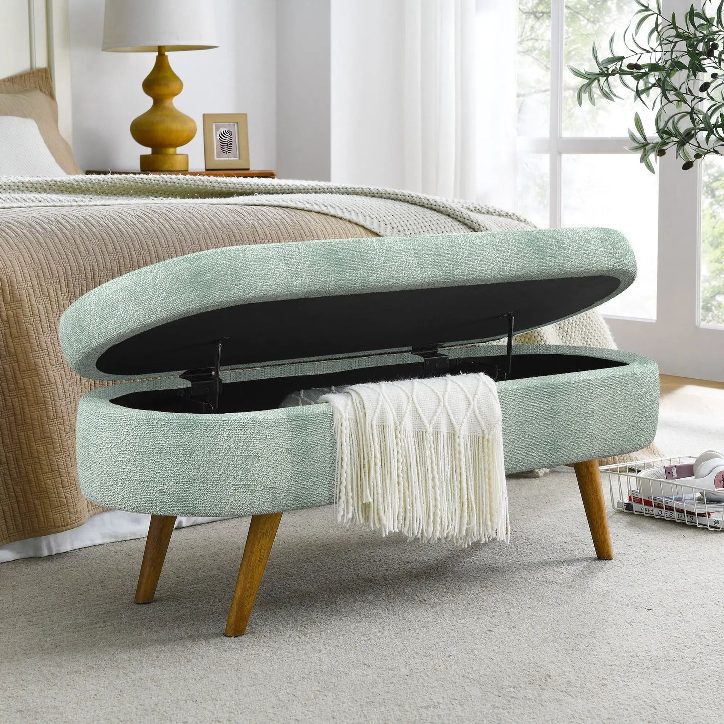 Ottoman Oval Storage Bench With Rubber Wood Legs