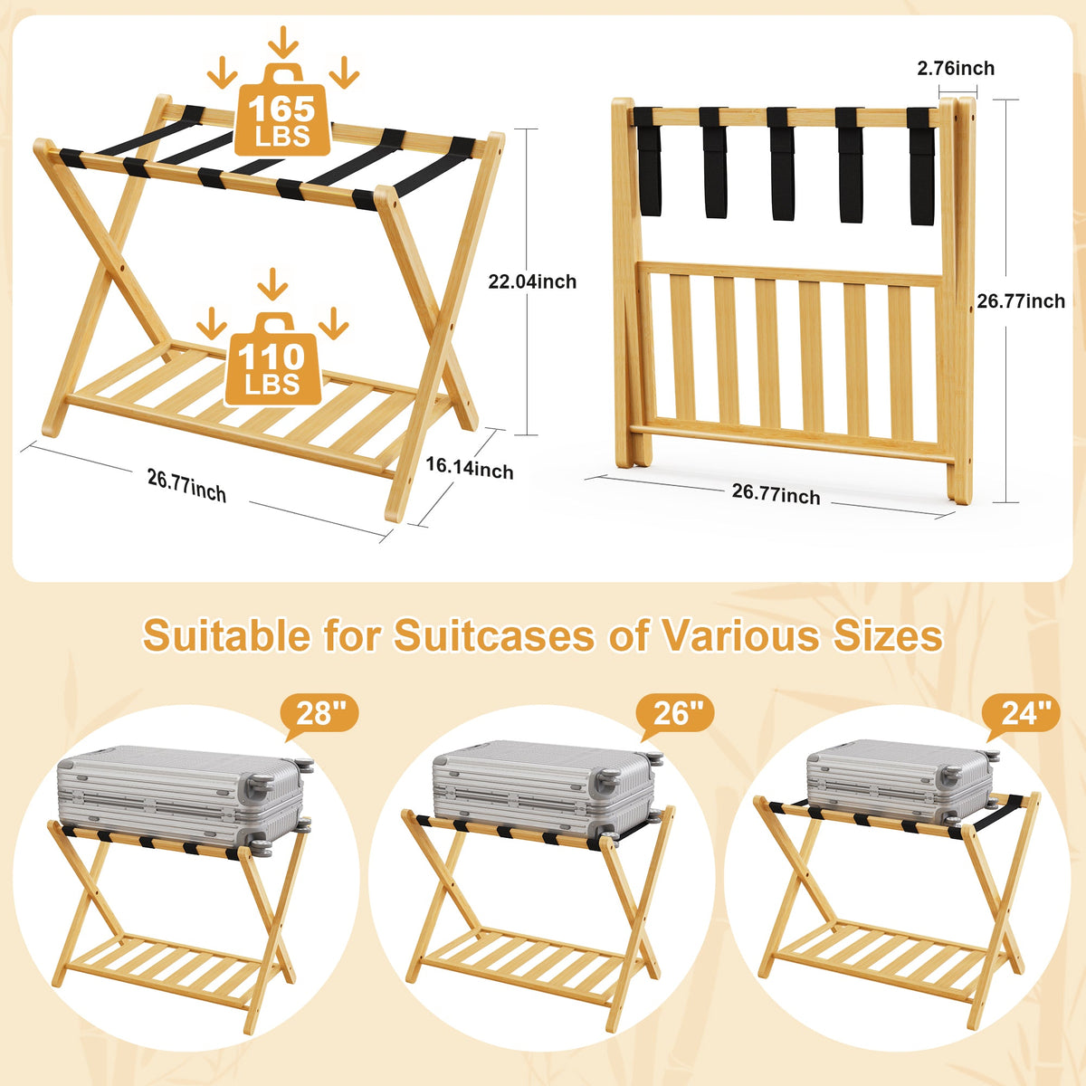 Folding bamboo luggage rack with lower storage shelf, two views, black strap accents HouseOfZazla on Tampa Home & Garden Store