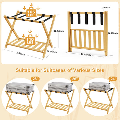 Folding bamboo luggage rack with lower storage shelf, two views, black strap accents HouseOfZazla on Tampa Home & Garden Store