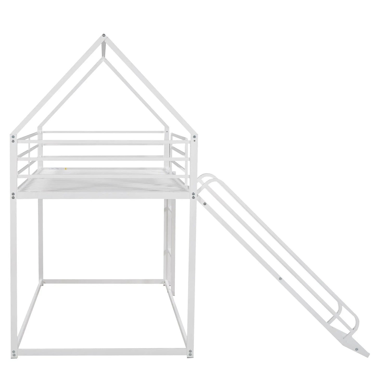 Twin over twin house bunk bed frame in white metal with ladder and slide on Tampa Home & Garden Store