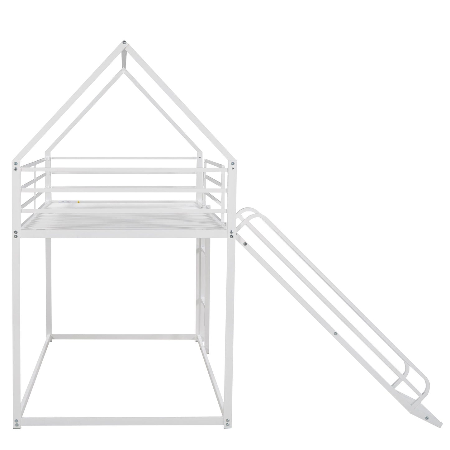 Twin over twin house bunk bed frame with ladder and slide in white metal, HouseOfZazla on Tampa Home & Garden Store