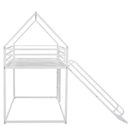 Twin over twin house bunk bed frame with ladder and slide in white metal, HouseOfZazla on Tampa Home & Garden Store