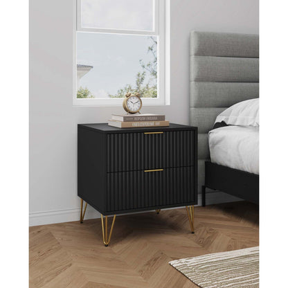 Dumbo Nightstand with 2 Drawers and Fluted Fronts, black finish, gold legs, by HouseOfZazla on Tampa Home & Garden Store