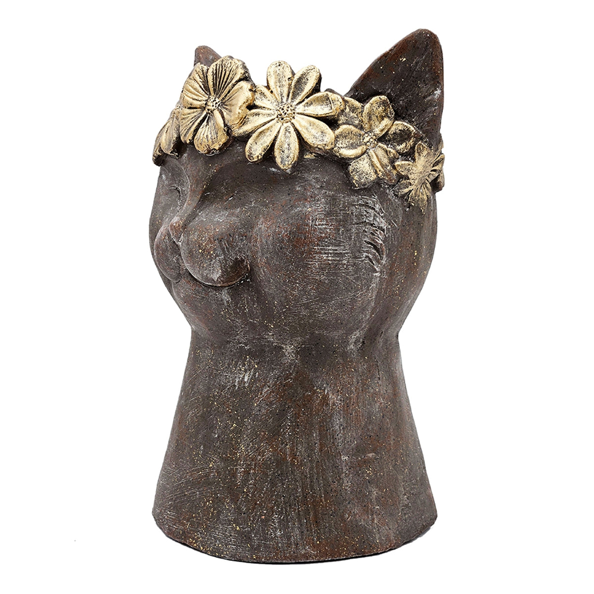 Magnesium cat statue planter with flower crown, textured dark brown finish by HouseOfZazla on Tampa Home & Garden Store