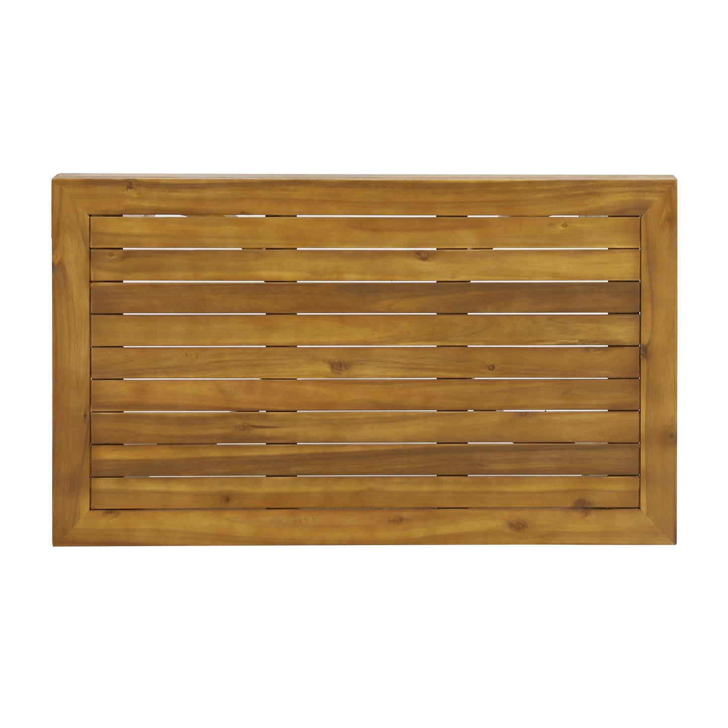 Outdoor Acacia Wood Loveseat and Coffee Table Set with slatted panels in warm finish on Tampa Home & Garden Store