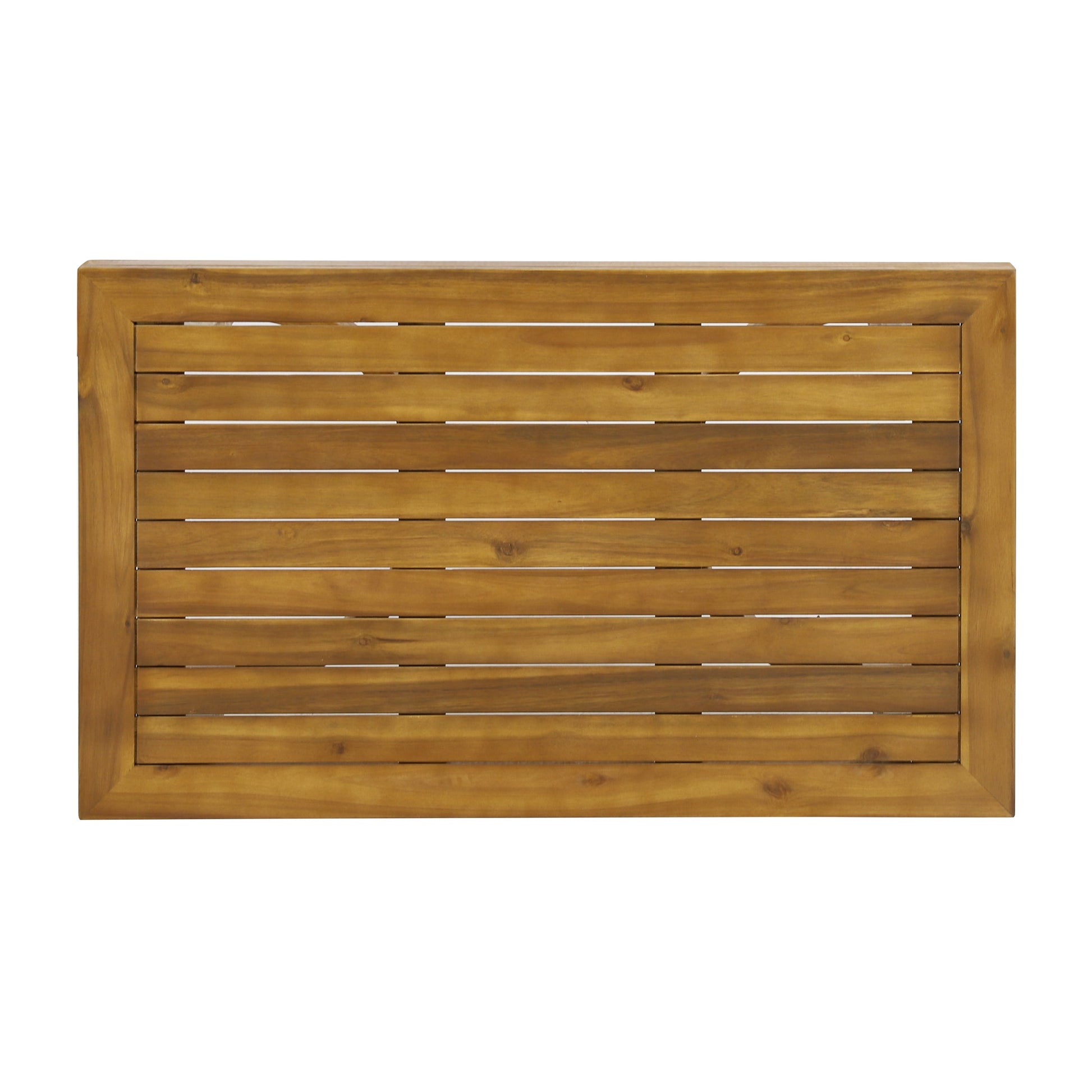 Outdoor Acacia Wood Loveseat and Coffee Table Set with slatted panels in warm finish on Tampa Home & Garden Store