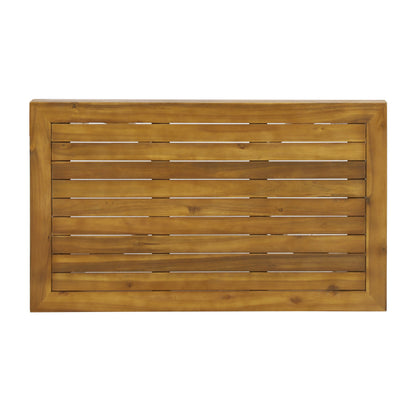 Outdoor Acacia Wood Loveseat and Coffee Table Set with slatted panels in warm finish on Tampa Home & Garden Store