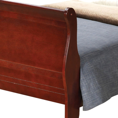 Panel sleigh bed by HouseOfZazla in dark cherry wood with curved ends; blue-gray bedding on Tampa Home & Garden Store