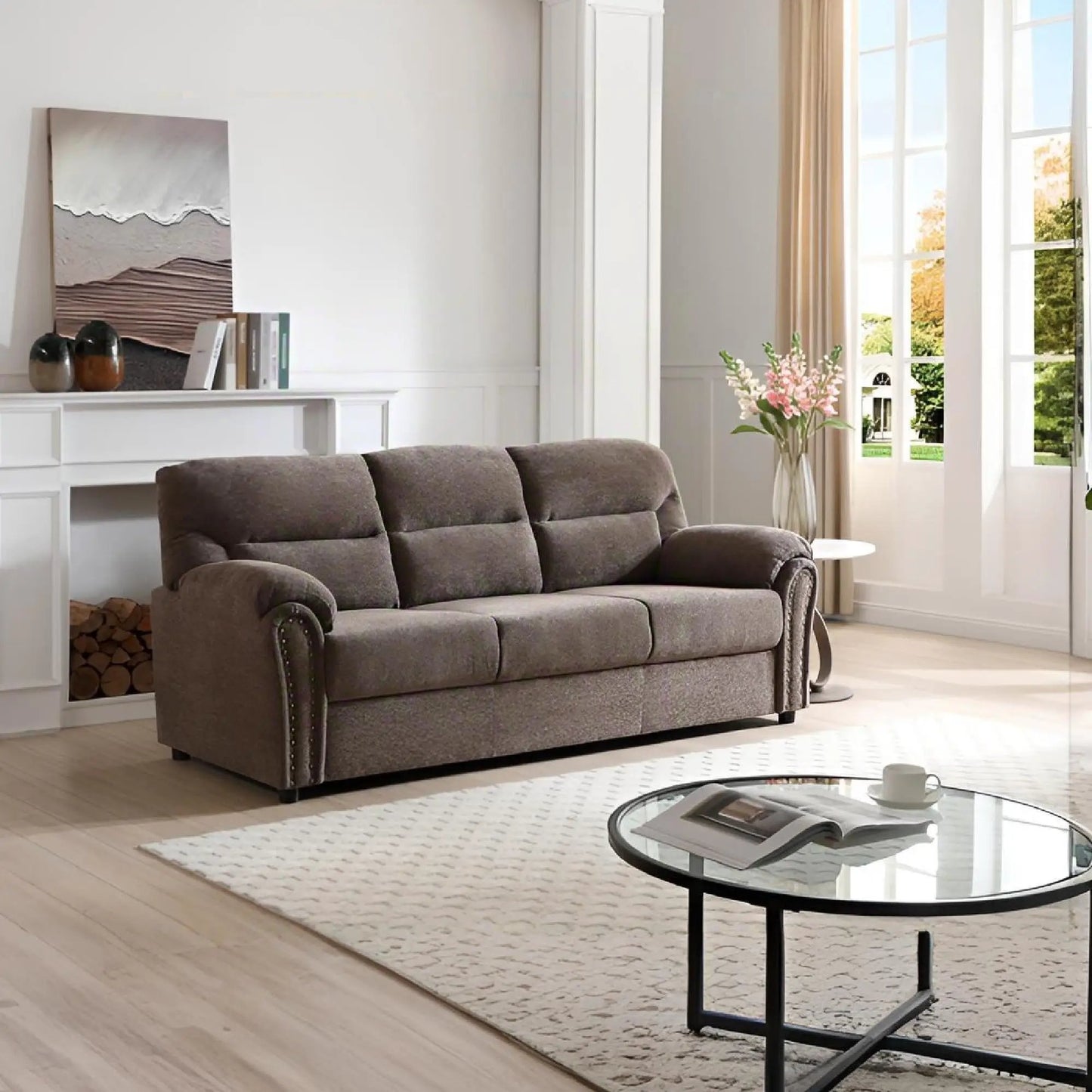 Hamilton - Sofa With Nailhead Trim in gray fabric, three-seat stationary sofa on Tampa Home & Garden Store