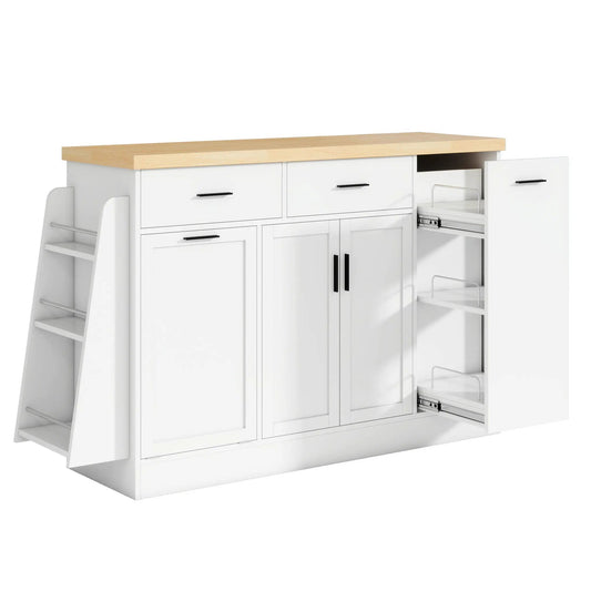White kitchen sideboard with wood top, sliding cabinet and 3-tier spice rack on Tampa Home & Garden Store