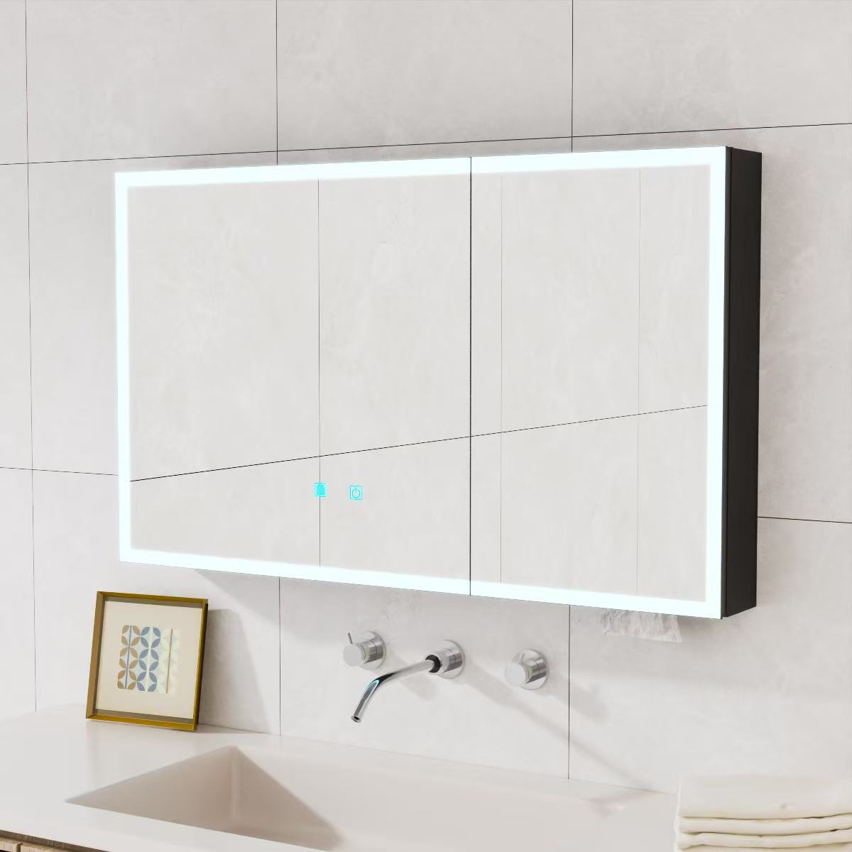 Wall-mounted LED bathroom cabinet and aluminium storage by HouseOfZazla; mirror above sink on Tampa Home & Garden Store