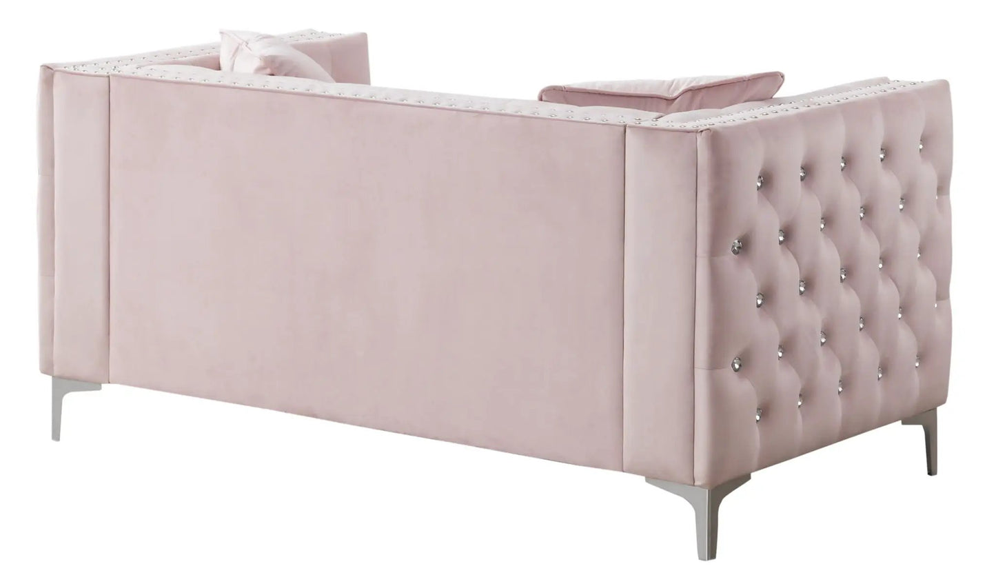Elegant Track Arm Loveseat blush velvet with crystal button tufting and slim metal legs on Tampa Home & Garden Store