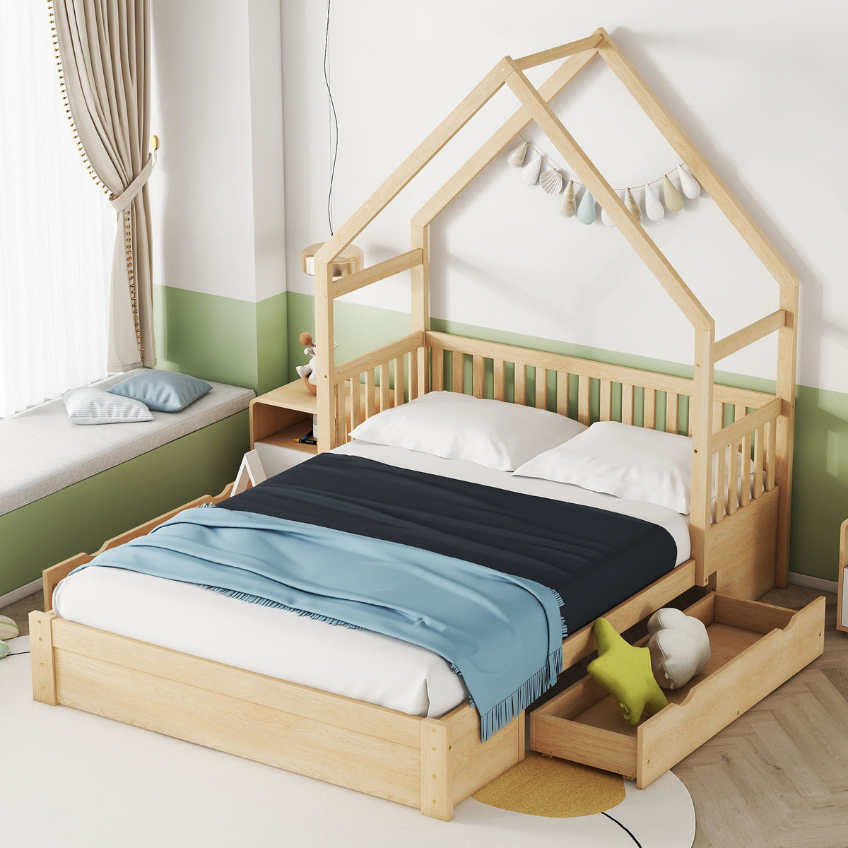 House Style Platform Bed with guardrail and 2 drawers in natural wood on Tampa Home & Garden Store