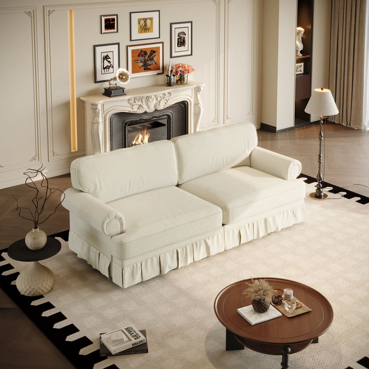 Cloud Couch Sofa by HouseOfZazla in ivory with rolled arms and pleated skirt on Tampa Home & Garden Store