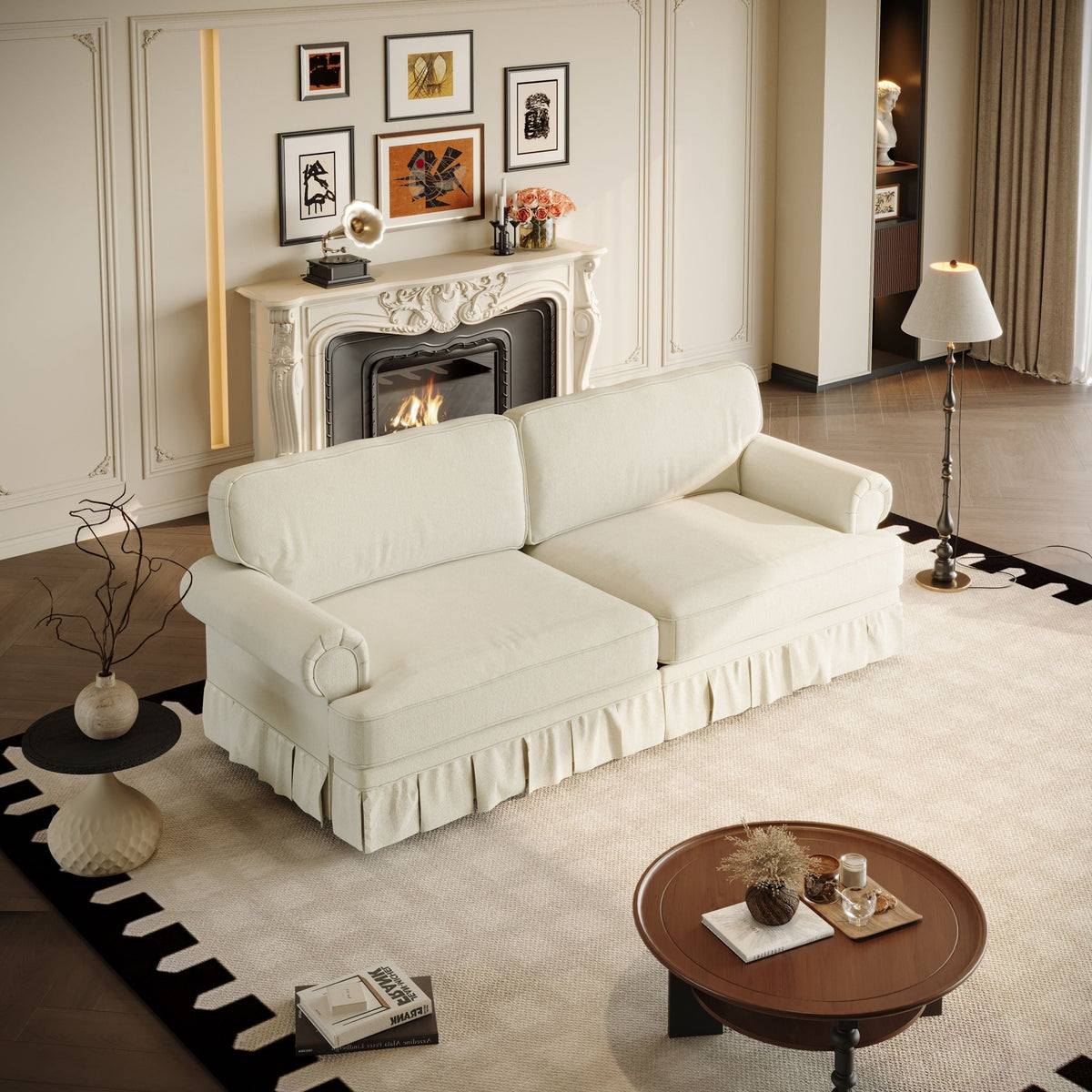 Cloud Couch Sofa by HouseOfZazla in ivory with rolled arms and pleated skirt on Tampa Home & Garden Store