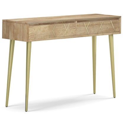 Jager Console Table natural wood finish with brass X-pattern front panels and gold legs on Tampa Home & Garden Store