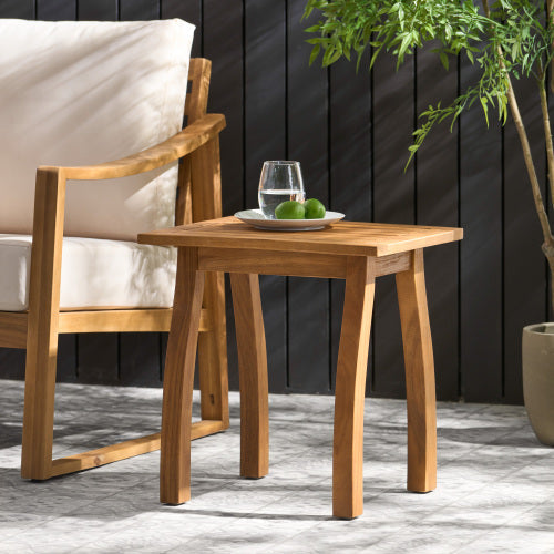 Patio Conversation Set in natural acacia wood with cream cushions and square end table by HouseOfZazla on Tampa Home & Garden Store