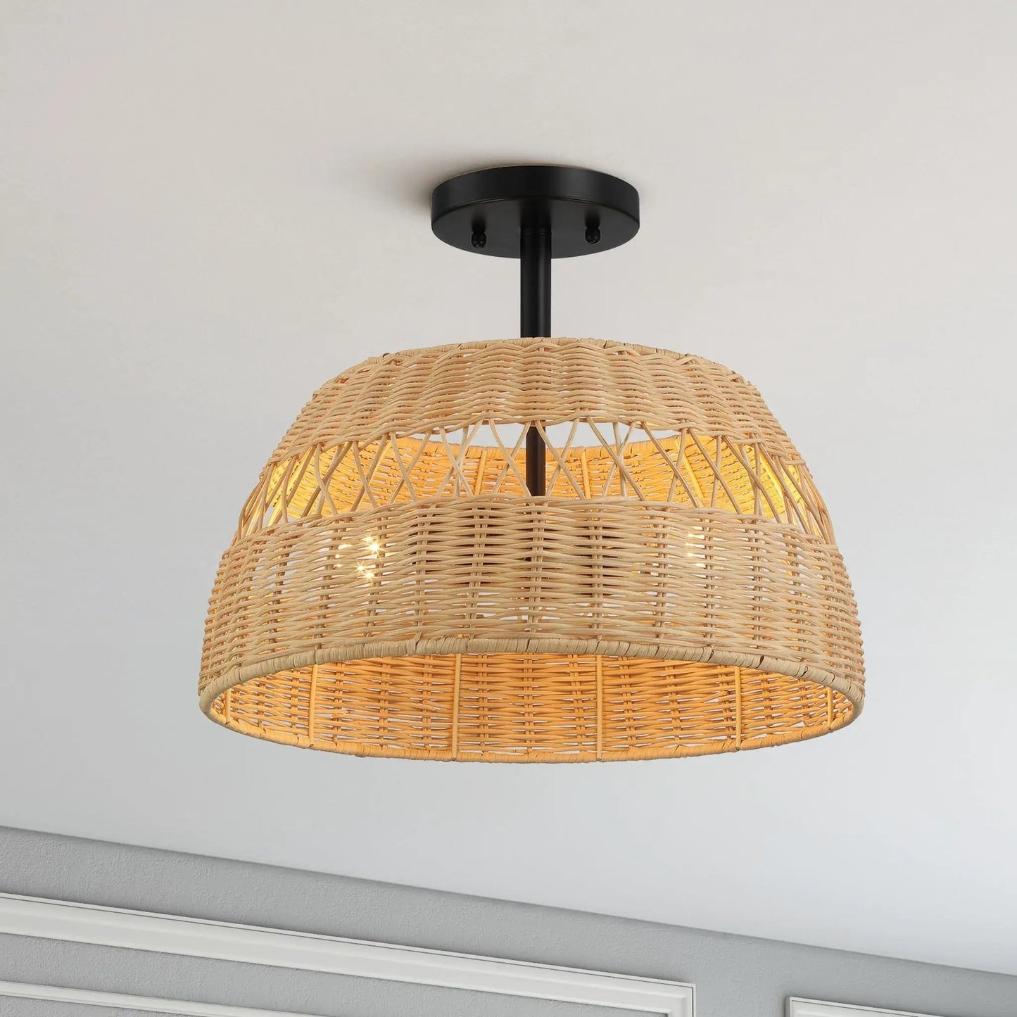 Twinkle ceiling lamp, black metal canopy with woven rattan shade by Unique Piece Furniture on Tampa Home & Garden Store
