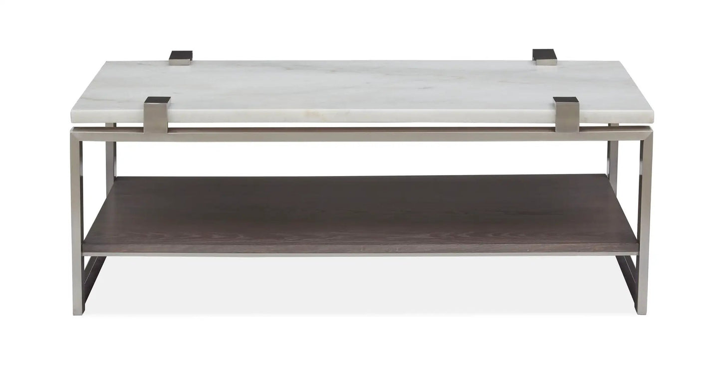 Paradox end table with white marble top, metal frame, and dark wood shelf Unique Piece Furniture on Tampa Home & Garden Store