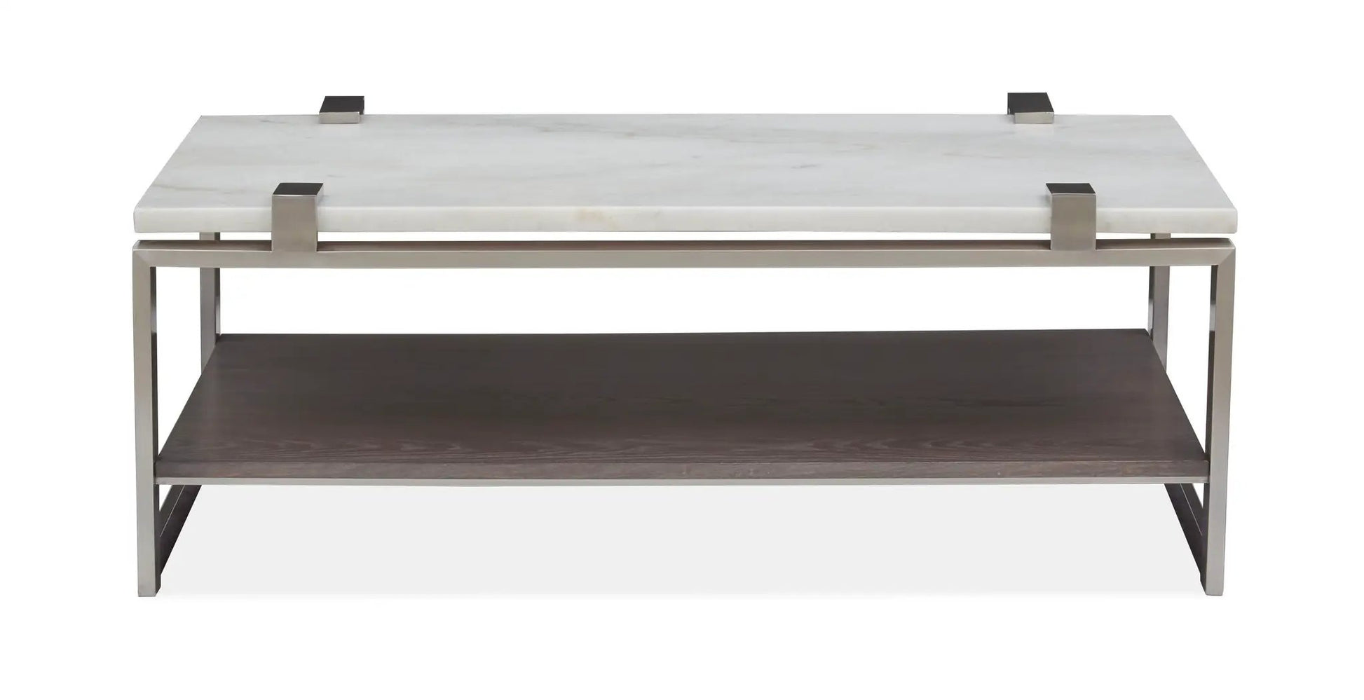 Paradox end table with white marble top, metal frame, and dark wood shelf Unique Piece Furniture on Tampa Home & Garden Store