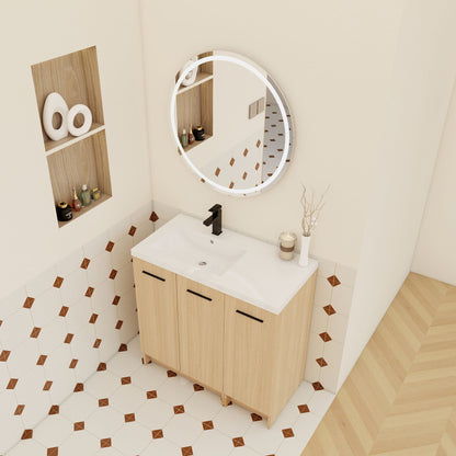 Wall mounted floating vanity with modular 3-door cabinet in light brown and backlit mirror on Tampa Home & Garden Store