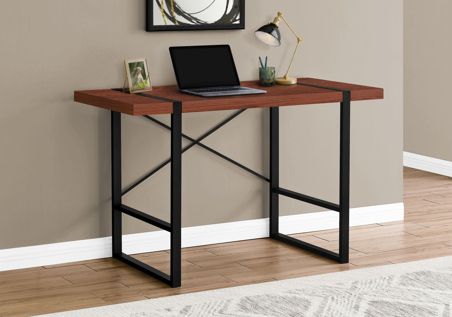 Industrial design computer desk with warm wood top and black metal frame for home office on Tampa Home & Garden Store