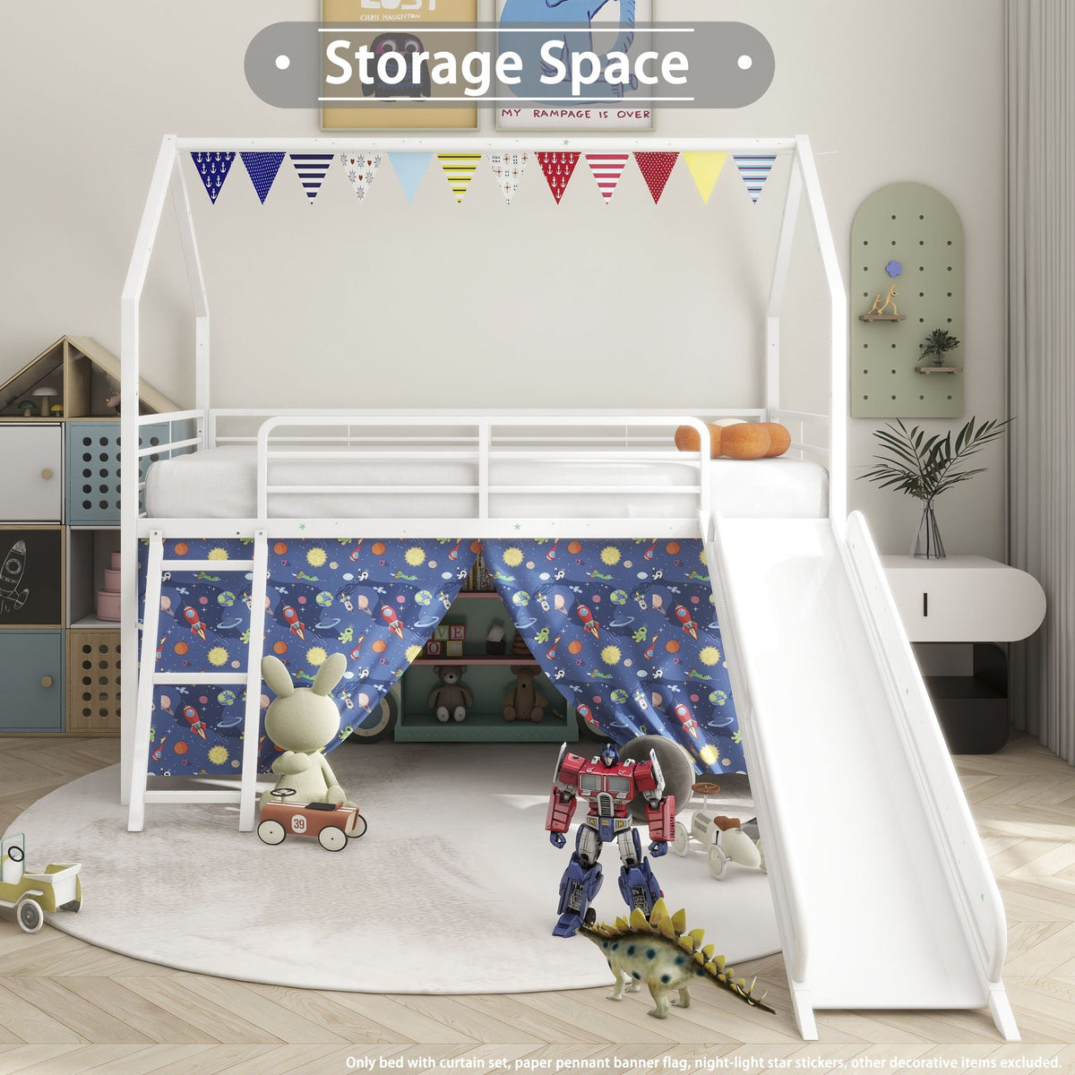 Jack loft bed with slide and curtain set, white wood frame, HouseOfZazla, space curtains on Tampa Home & Garden Store