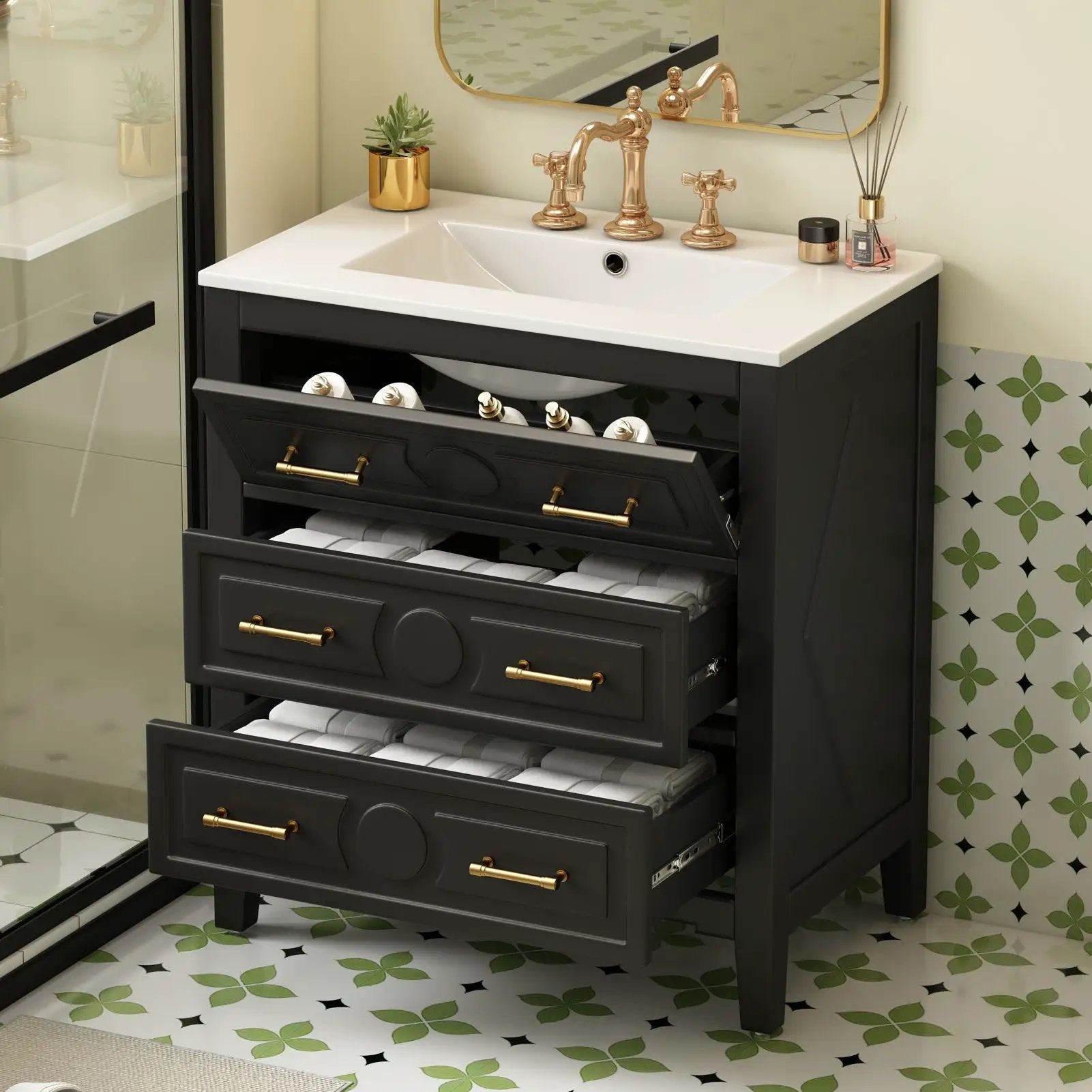 Retro vanity sink by Unique Piece Furniture, black cabinet with white top and 3 drawers on Tampa Home & Garden Store