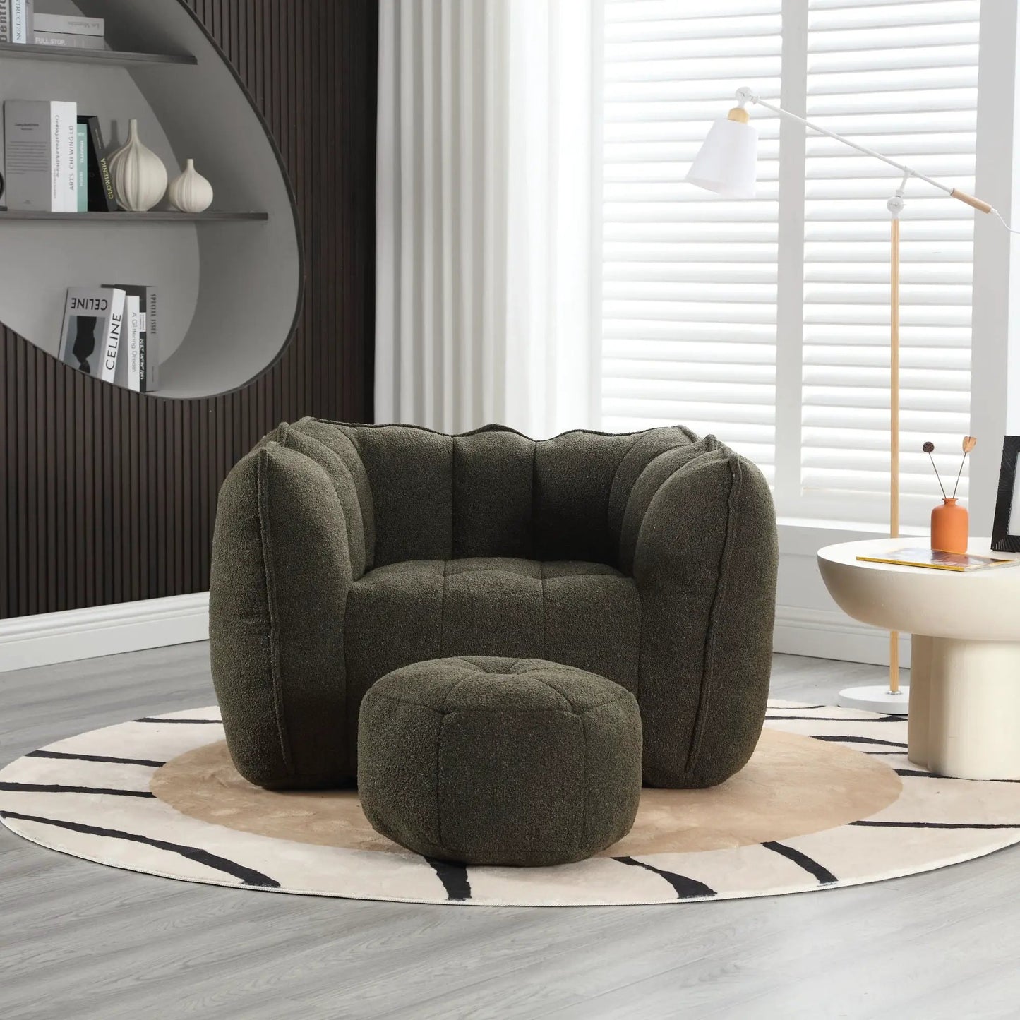 Soft bean bag chair with high resilient foam and ottoman in dark gray textured fabric on Tampa Home & Garden Store
