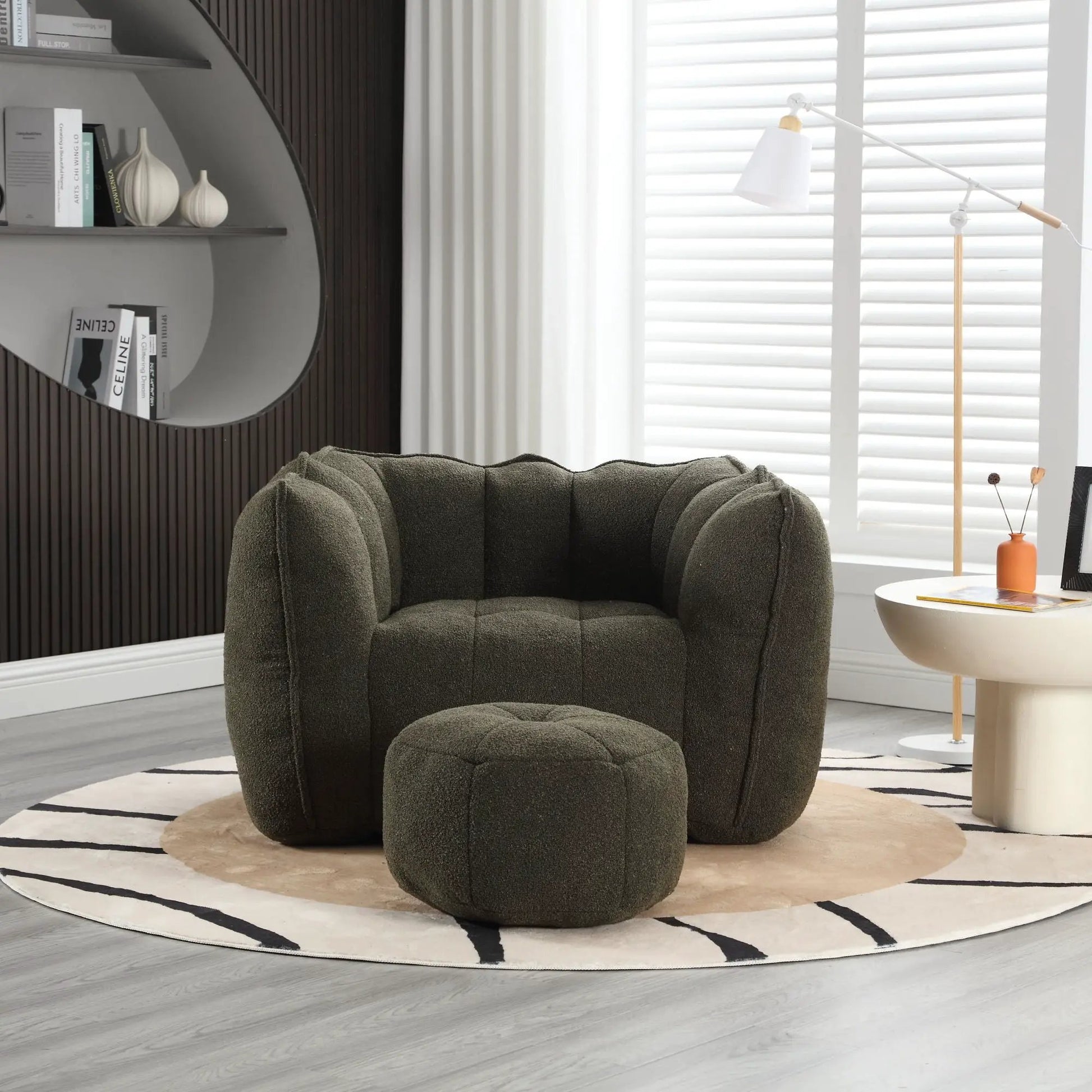 Soft bean bag chair with high resilient foam and ottoman in dark gray textured fabric on Tampa Home & Garden Store