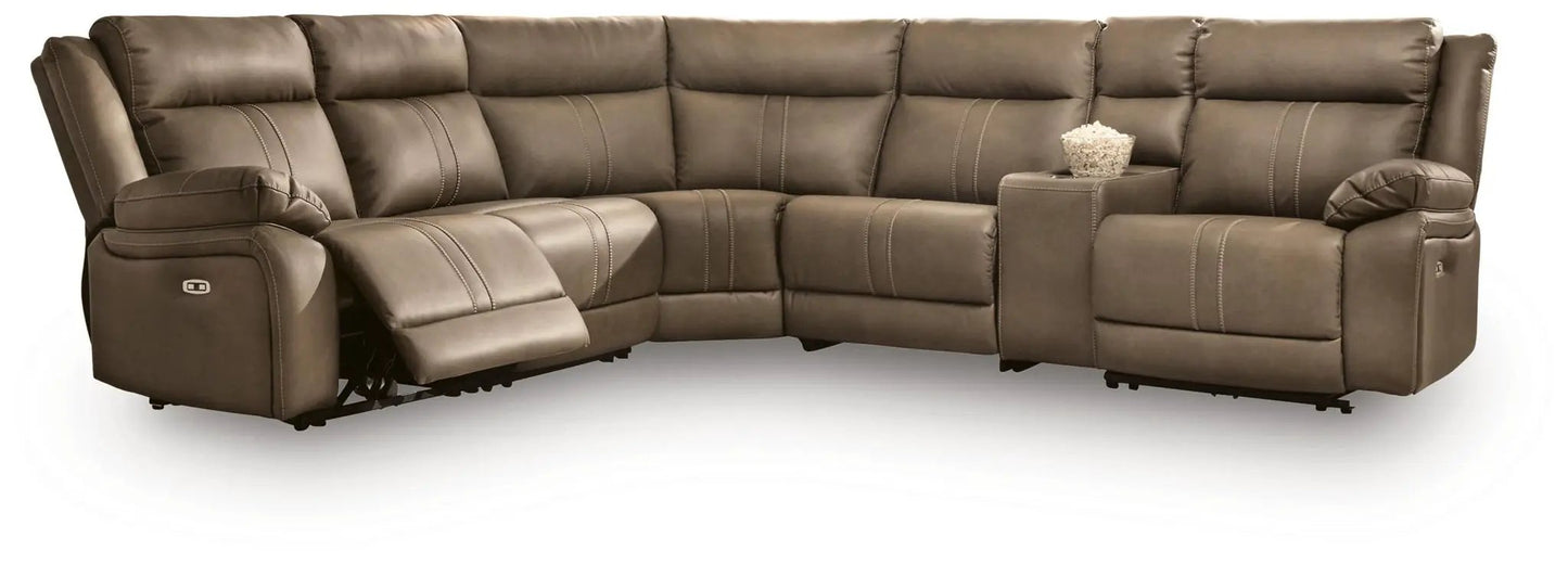 Max-Momentum reclining sectional in brown leather by Unique Piece Furniture with center console on Tampa Home & Garden Store