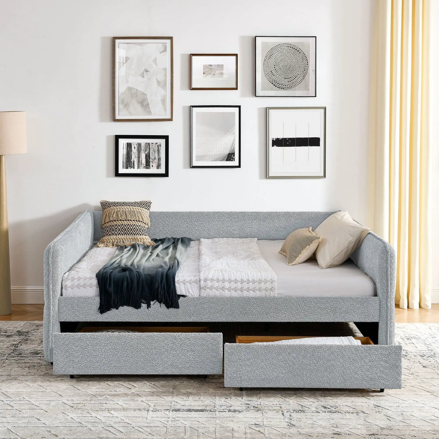 Upholstered daybed with 2 storage drawers in light gray fabric on Tampa Home & Garden Store