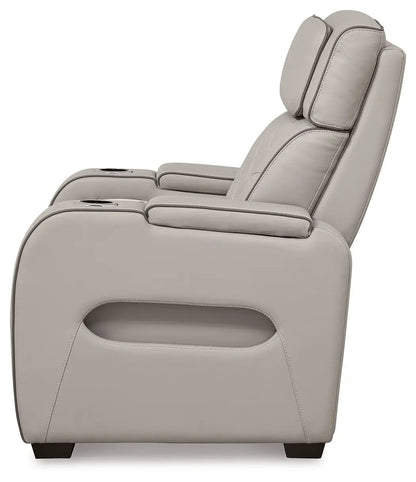Boyington Power Recliner/Adj Headrest in taupe leather, dual cupholders on Tampa Home & Garden Store