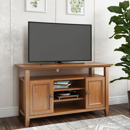 HouseOfZazla solid wood TV stand with adjustable shelves, natural finish, TV on top on Tampa Home & Garden Store