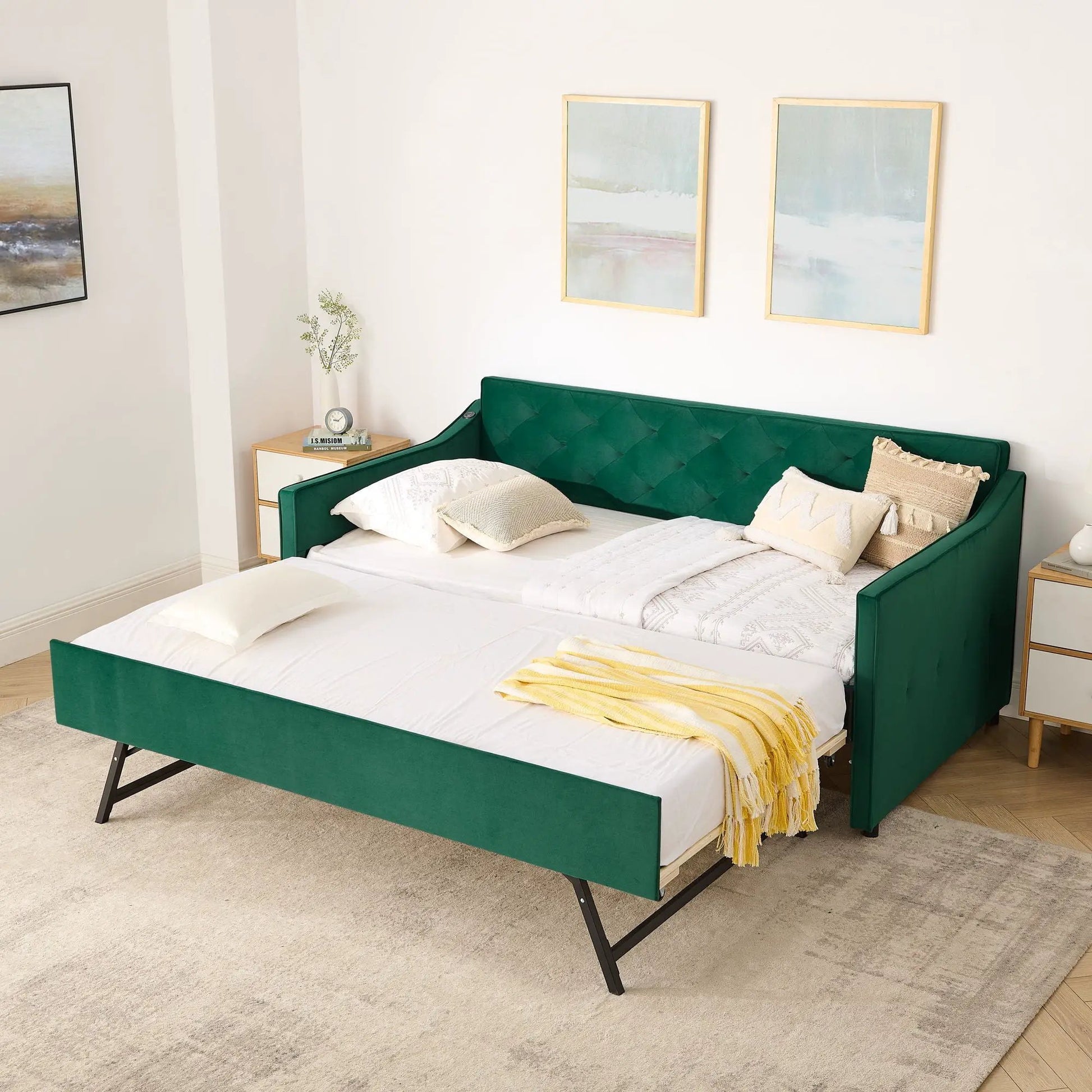 Daybed with pop-up trundle and USB armrest, green velvet upholstery, Unique Piece Furniture on Tampa Home & Garden Store