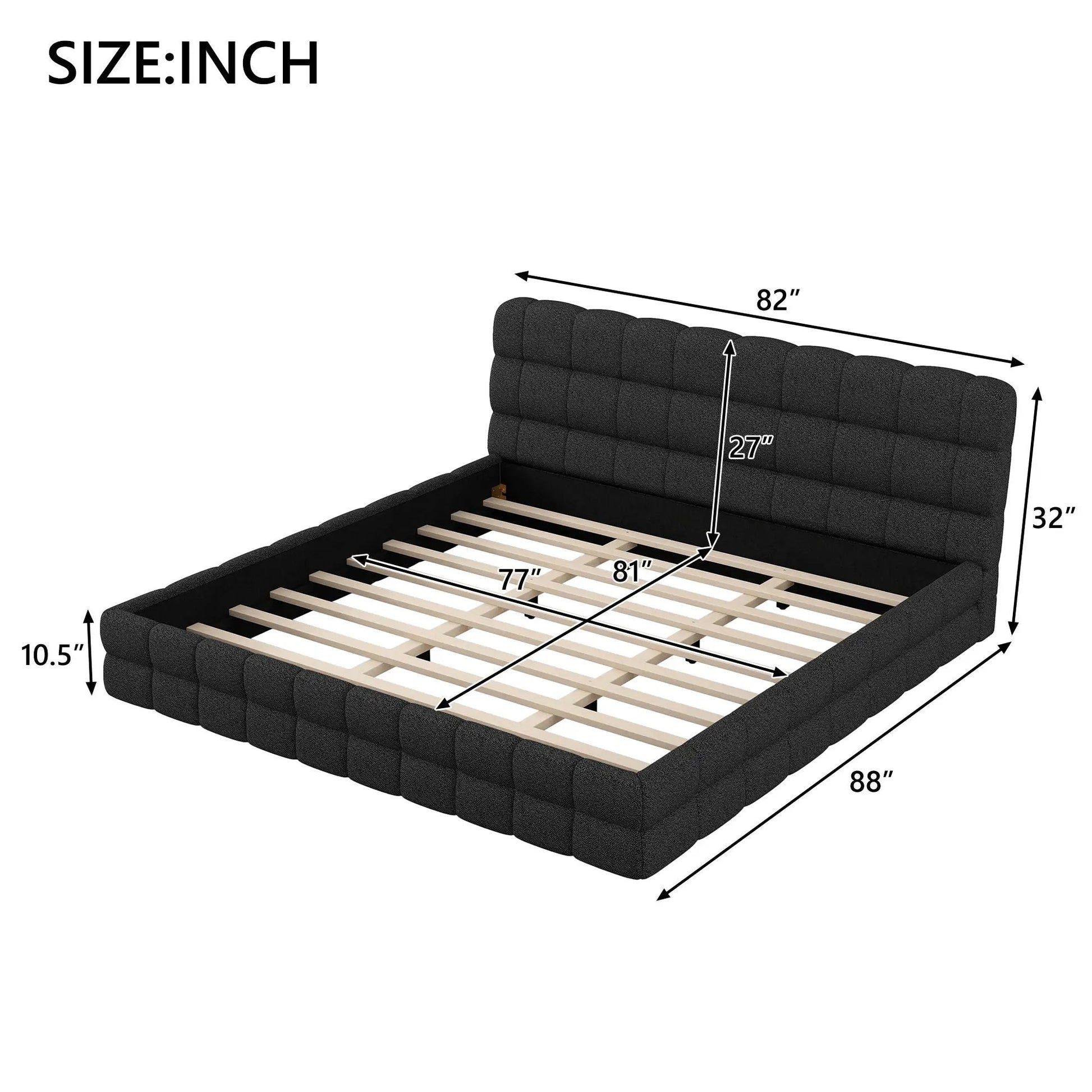 Upholstered platform bed with a charcoal gray tufted headboard and wooden slat base on Tampa Home & Garden Store