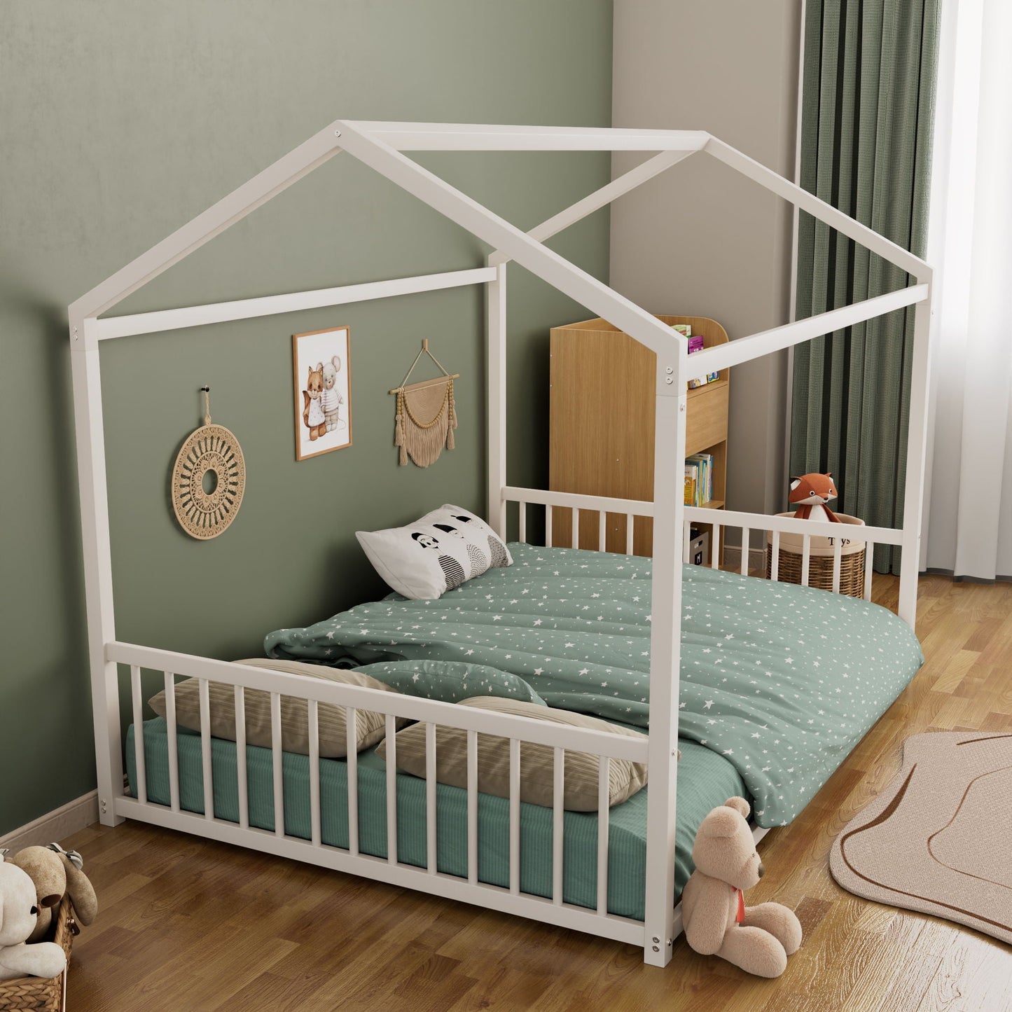 Montessori style floor house-shaped canopy bed with safety guardrails, white by HouseOfZazla on Tampa Home & Garden Store