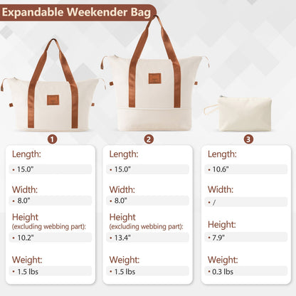 Brown & white expandable luggage set by HouseOfZazla, two tote bags with brown straps and a small zip pouch on Tampa Home & Garden Store