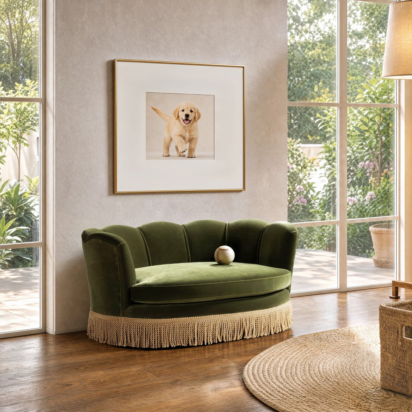Clara 34.5in scalloped olive green pet sofa bed with fringe base on Tampa Home & Garden Store