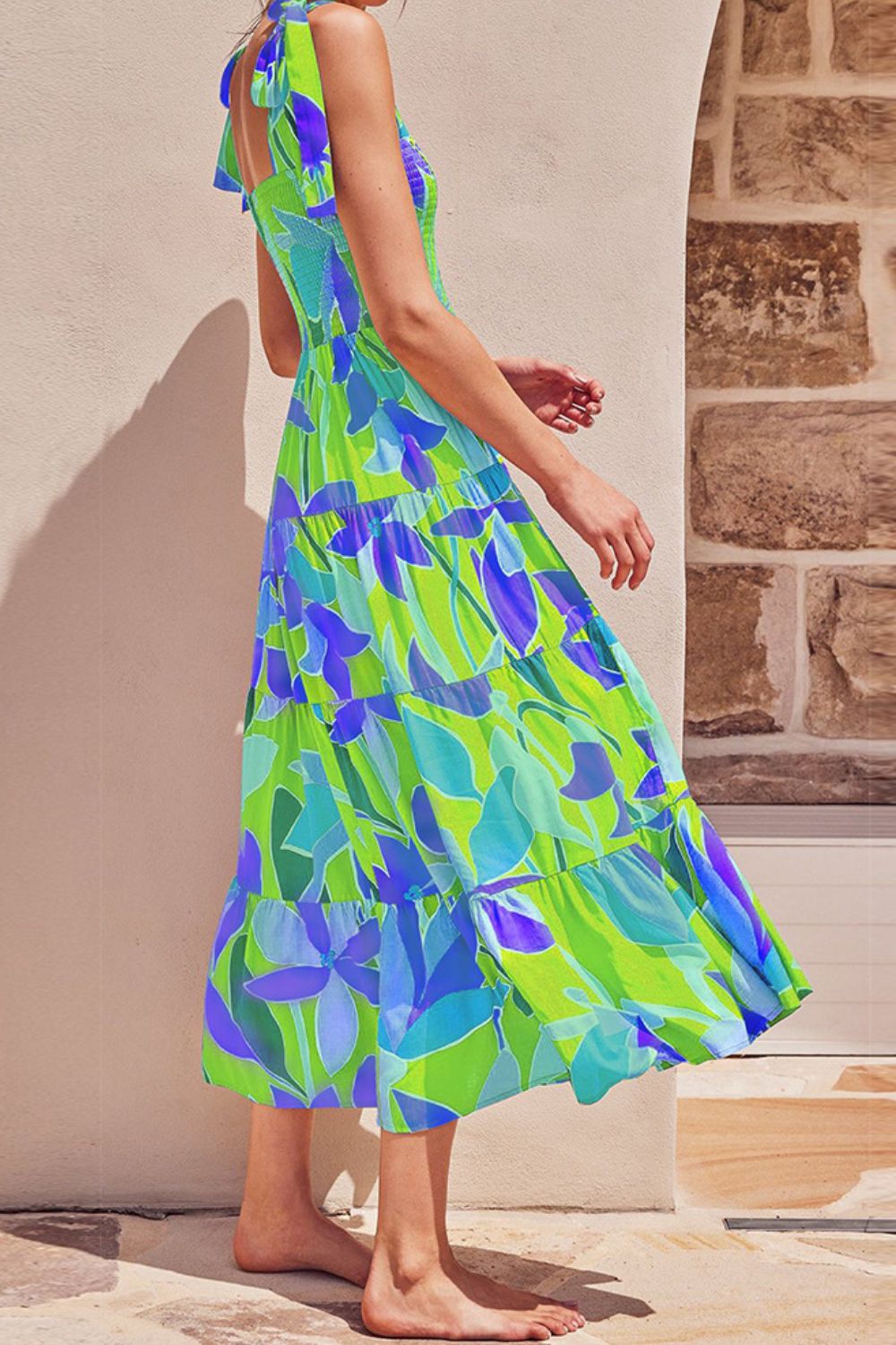 Stevvex long floral tie-shoulder smocked midi dress in lime green, blue and purple on Tampa Home & Garden Store