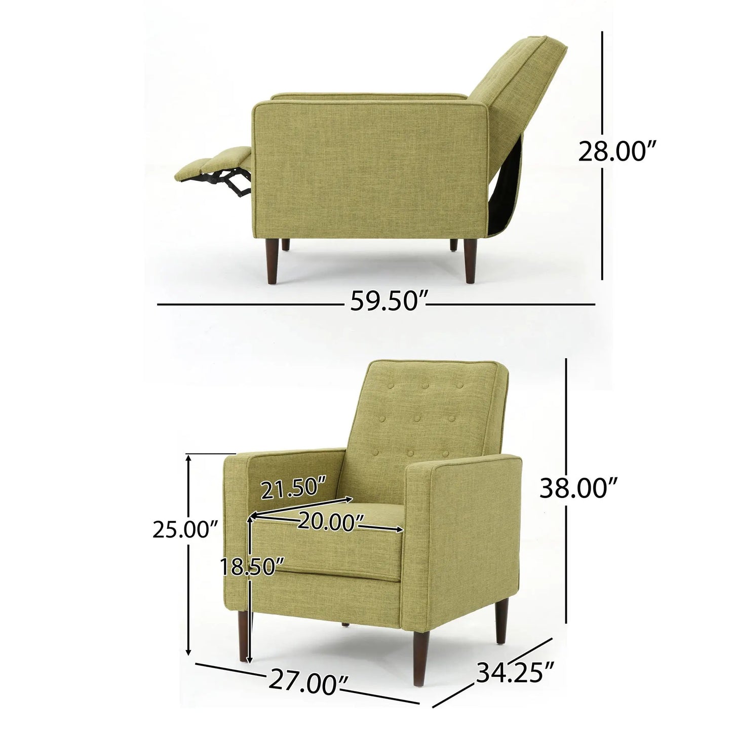 Mid-Century Modern Recliner olive green by Unique Piece Furniture with tufted buttons on Tampa Home & Garden Store
