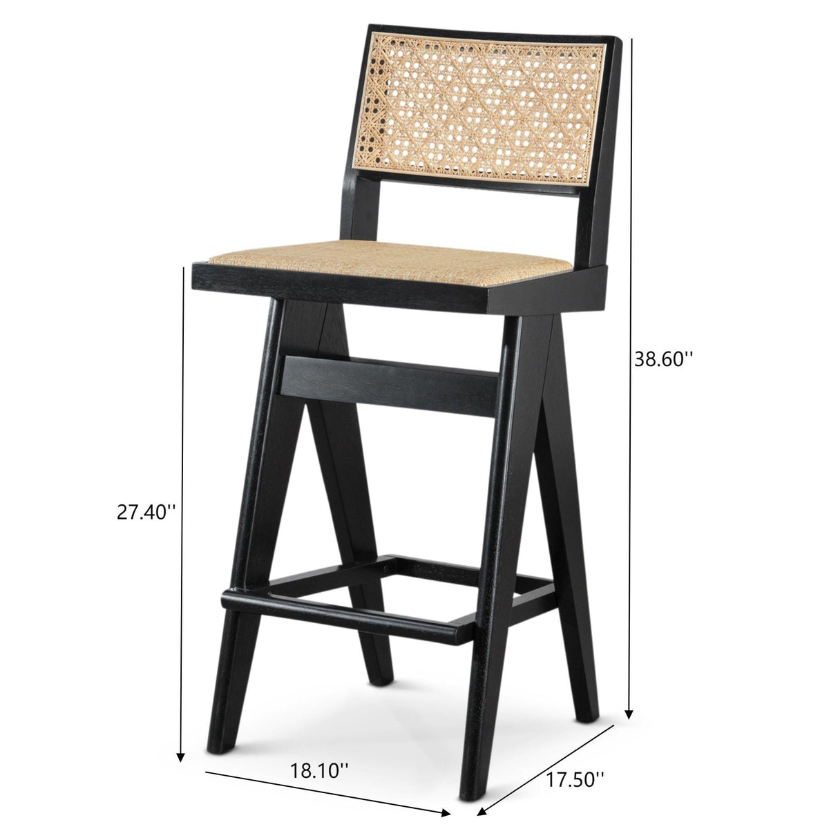 Black & Rattan Bar Stool Set with full back support and woven seat, set of 2 HouseOfZazla on Tampa Home & Garden Store