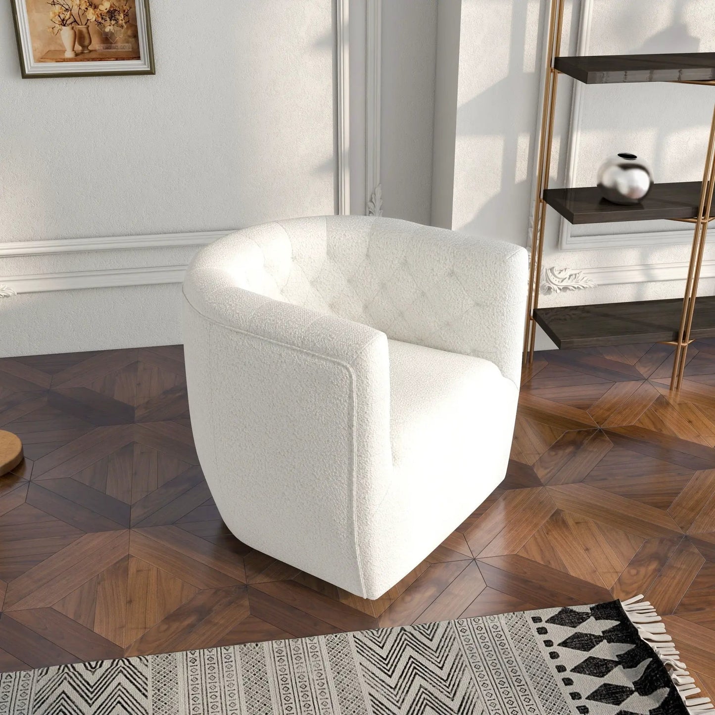 Delaney ergonomic swivel chair with white tufted upholstery in a modern living room setting on Tampa Home & Garden Store