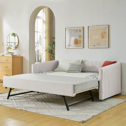 Upholstered daybed with trundle in light gray fabric, vertical stripes, Unique Piece Furniture on Tampa Home & Garden Store