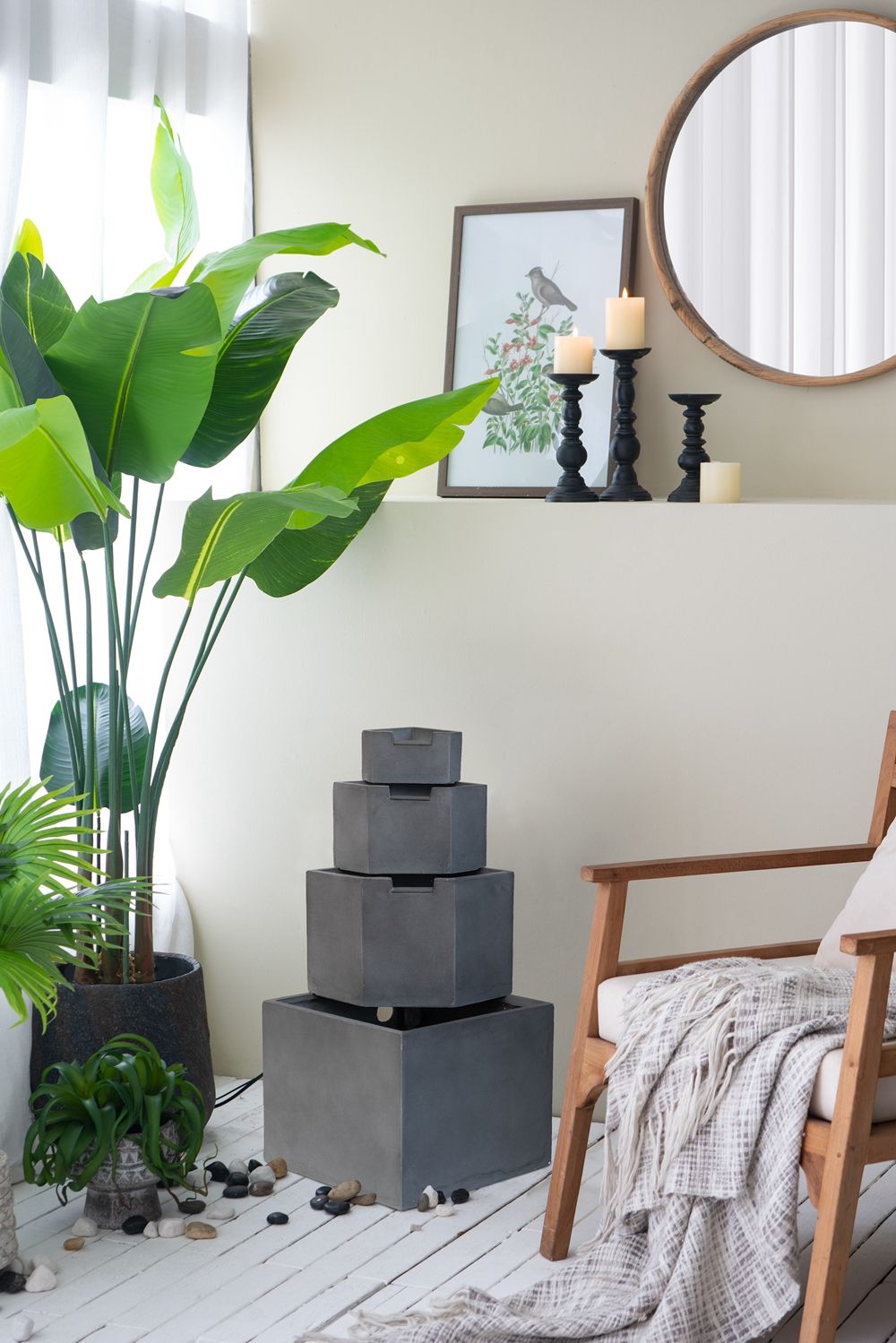 Gray cement 4-tier block water fountain with stacked cubic blocks for outdoor use on Tampa Home & Garden Store