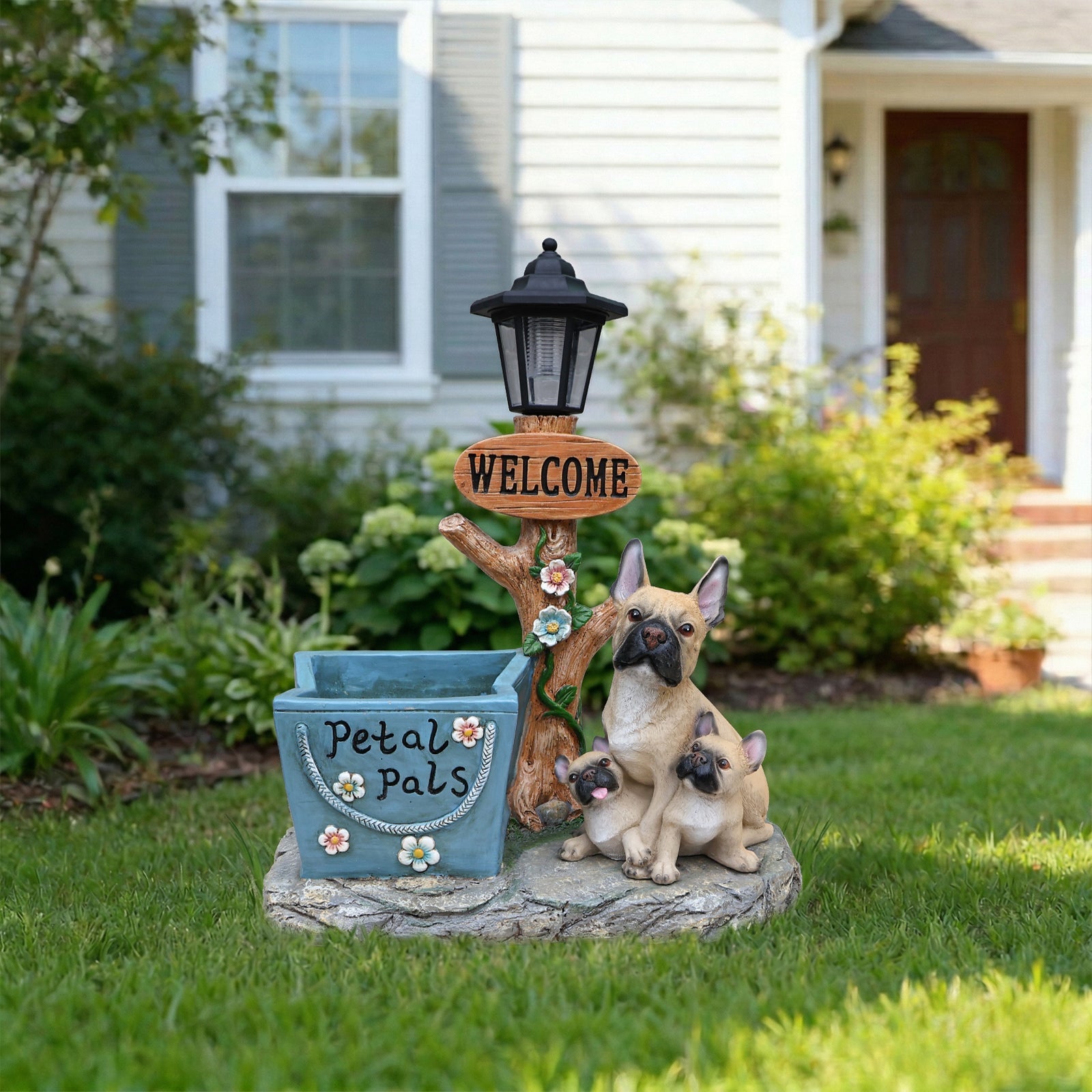 French Bulldog Family Planter Statue by HouseOfZazla with puppies and Welcome sign on Tampa Home & Garden Store