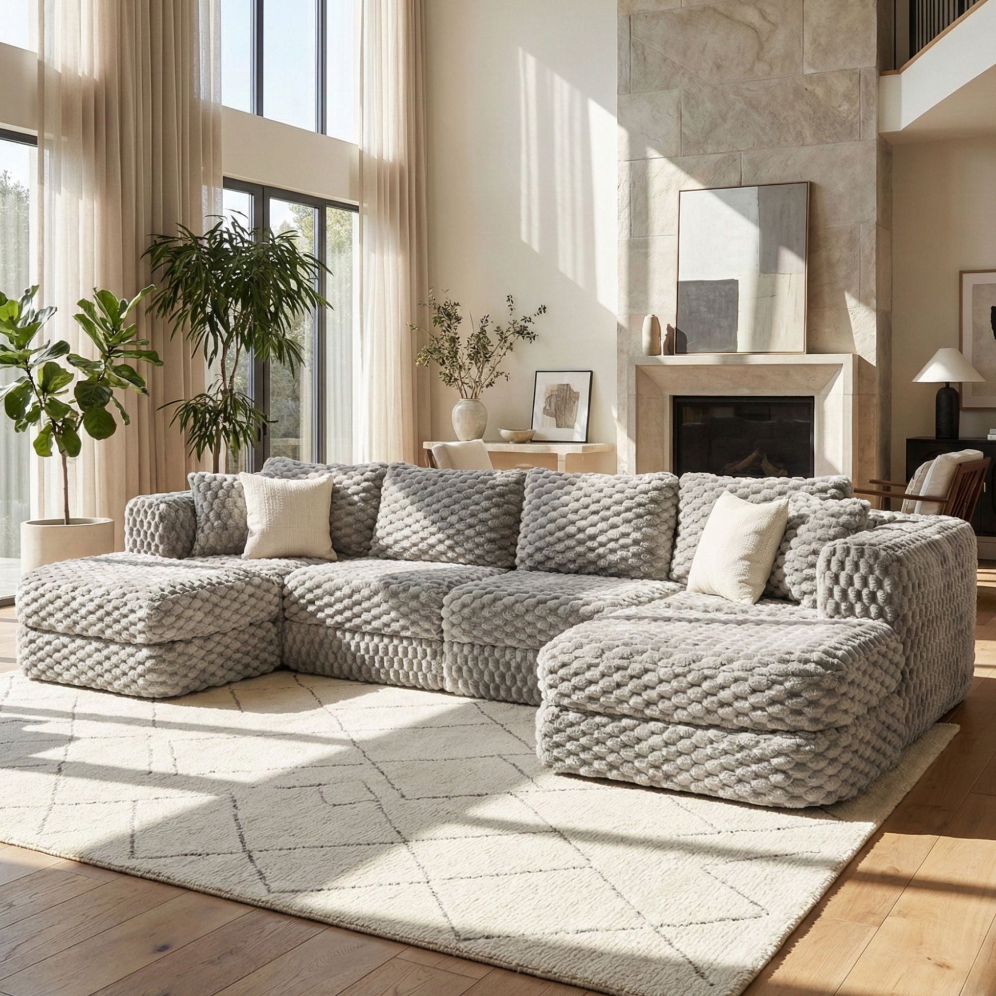Modular sectional sofa in light gray knit with 2 movable ottomans, 3-piece by HouseOfZazla on Tampa Home & Garden Store