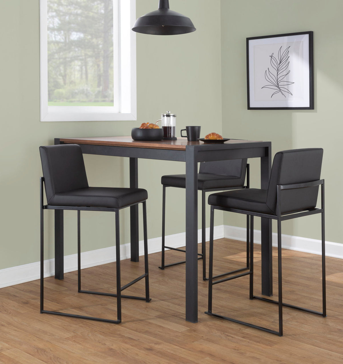 Black high-back contemporary barstool set with metal frames, four stools for kitchen island on Tampa Home & Garden Store
