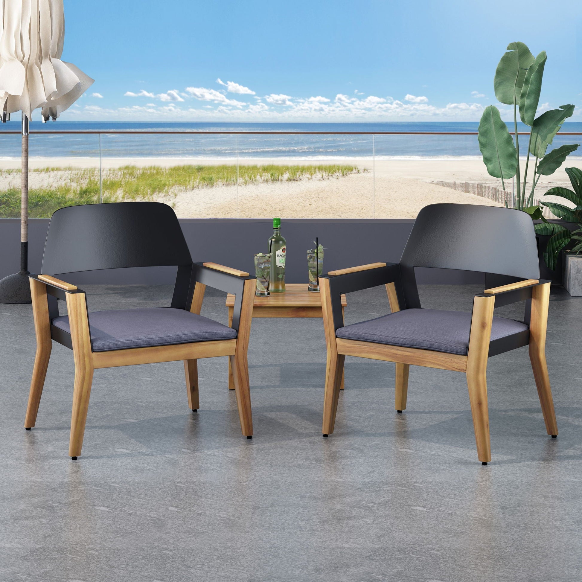 Soho Transitional Style Outdoor Club Chairs (2) teak frame with dark cushions on Tampa Home & Garden Store
